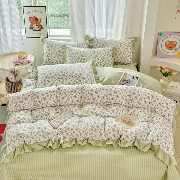 91家纺网 家纺一手货源 找家纺 斯卡诺家纺 2026新款韩版花边古法水洗仿棉床盖四件套花边床单四件套 觅时光-韩版花边