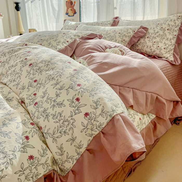 91家纺网 家纺一手货源 找家纺 斯卡诺家纺 2026新款韩版花边古法水洗仿棉床盖四件套花边床单四件套 满园春色-韩版花边