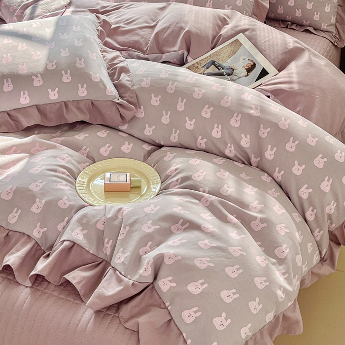 91家纺网 家纺一手货源 找家纺 斯卡诺家纺 2026新款韩版花边古法水洗仿棉床盖四件套花边床单四件套 兔小姐-韩版花边