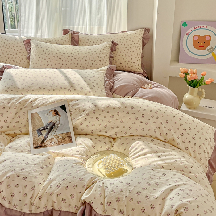 91家纺网 家纺一手货源 找家纺 斯卡诺家纺 2026新款韩版花边古法水洗仿棉床盖四件套花边床单四件套 小夜曲紫-韩版花边