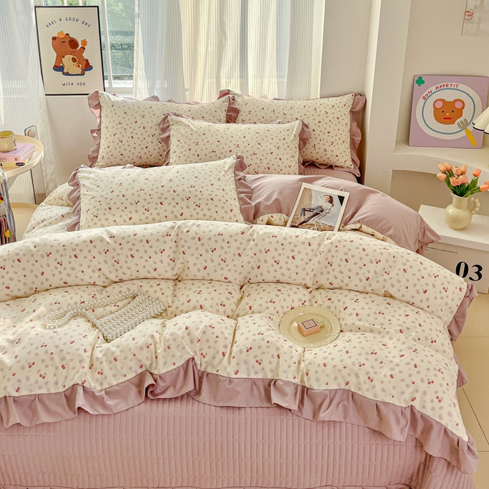 斯卡诺家纺 2026新款韩版花边古法水洗仿棉床盖四件套花边床单四件套 爱心樱桃-韩版花边