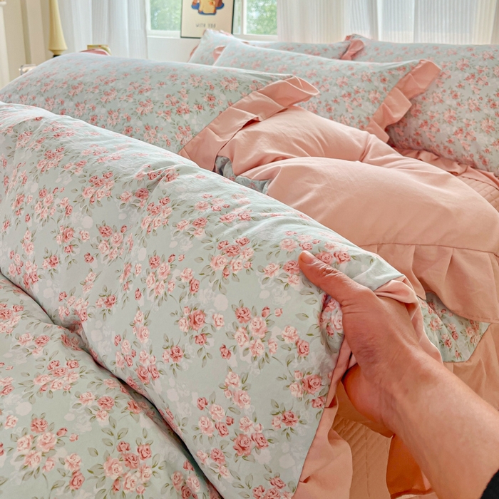 91家纺网 家纺一手货源 找家纺 斯卡诺家纺 2026新款韩版花边古法水洗仿棉床盖四件套花边床单四件套 盛夏花开-韩版花边