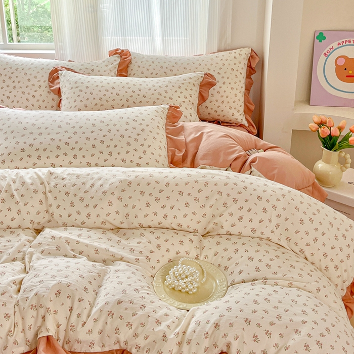 91家纺网 家纺一手货源 找家纺 斯卡诺家纺 2026新款韩版花边古法水洗仿棉床盖四件套花边床单四件套 小夜曲粉-韩版花边