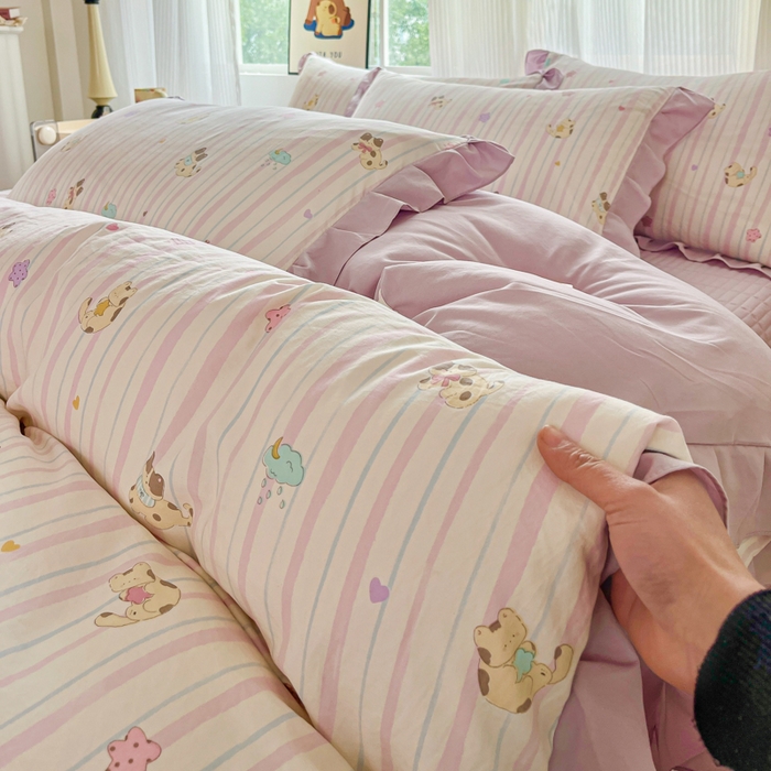 91家纺网 家纺一手货源 找家纺 斯卡诺家纺 2026新款韩版花边古法水洗仿棉床盖四件套花边床单四件套 喵星人-韩版花边