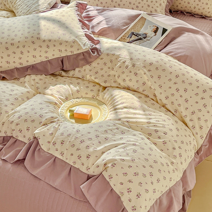 91家纺网 家纺一手货源 找家纺 斯卡诺家纺 2026新款韩版花边古法水洗仿棉床盖四件套花边床单四件套 小夜曲紫-韩版花边