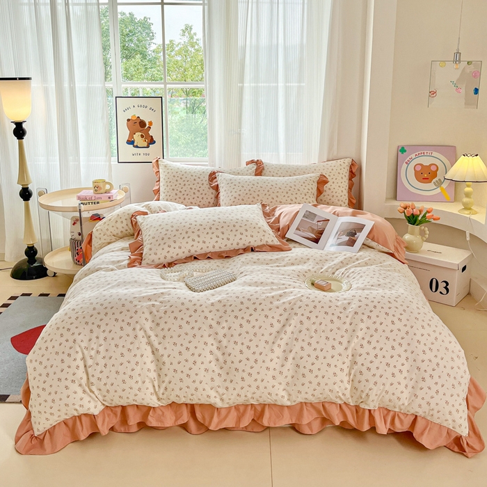 91家纺网 家纺一手货源 找家纺 斯卡诺家纺 2026新款韩版花边古法水洗仿棉床盖四件套花边床单四件套 小夜曲粉-韩版花边