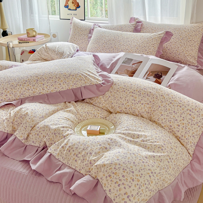 91家纺网 家纺一手货源 找家纺 斯卡诺家纺 2026新款韩版花边古法水洗仿棉床盖四件套花边床单四件套 花千朵-韩版花边