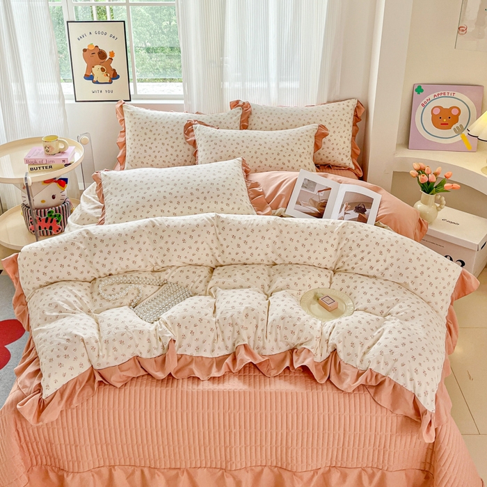 91家纺网 家纺一手货源 找家纺 斯卡诺家纺 2026新款韩版花边古法水洗仿棉床盖四件套花边床单四件套 小夜曲粉-韩版花边