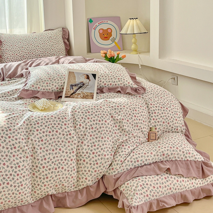 91家纺网 家纺一手货源 找家纺 斯卡诺家纺 2026新款韩版花边古法水洗仿棉床盖四件套花边床单四件套 小苍兰-韩版花边