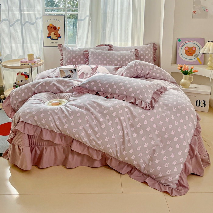 91家纺网 家纺一手货源 找家纺 斯卡诺家纺 2026新款韩版花边古法水洗仿棉床盖四件套花边床单四件套 兔小姐-韩版花边