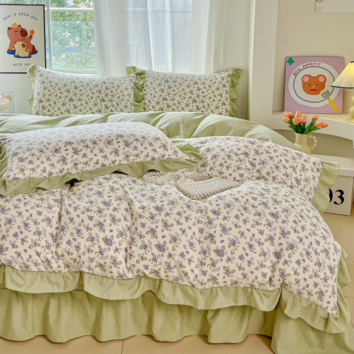 91家纺网 家纺一手货源 找家纺 斯卡诺家纺 2026新款韩版花边古法水洗仿棉床盖四件套花边床单四件套 觅时光-韩版花边