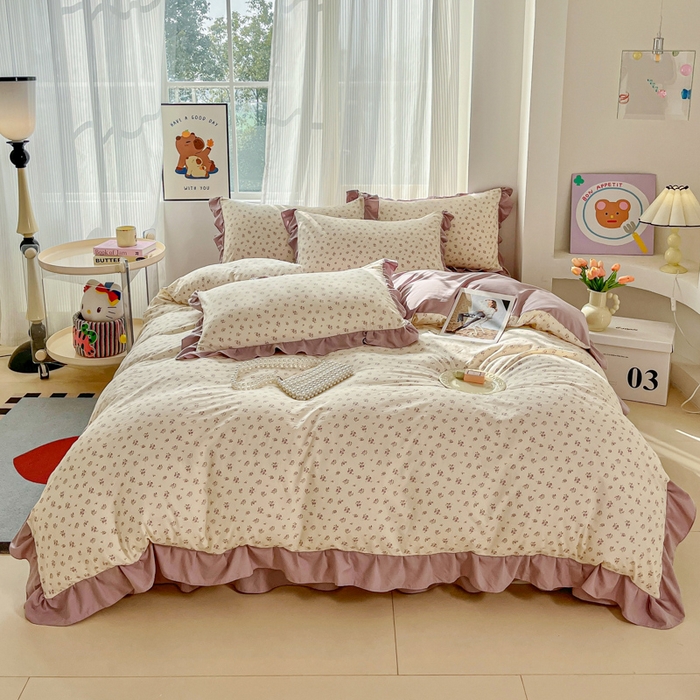 91家纺网 家纺一手货源 找家纺 斯卡诺家纺 2026新款韩版花边古法水洗仿棉床盖四件套花边床单四件套 小夜曲紫-韩版花边