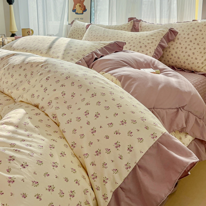 91家纺网 家纺一手货源 找家纺 斯卡诺家纺 2026新款韩版花边古法水洗仿棉床盖四件套花边床单四件套 小夜曲紫-韩版花边