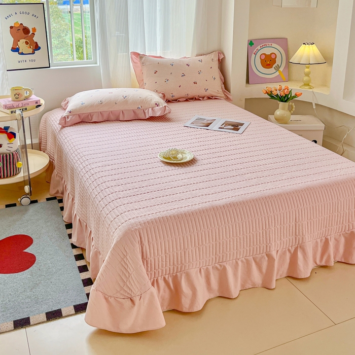 91家纺网 家纺一手货源 找家纺 斯卡诺家纺 2026新款韩版花边古法水洗仿棉床盖四件套花边床单四件套 凯蒂猫-韩版花边