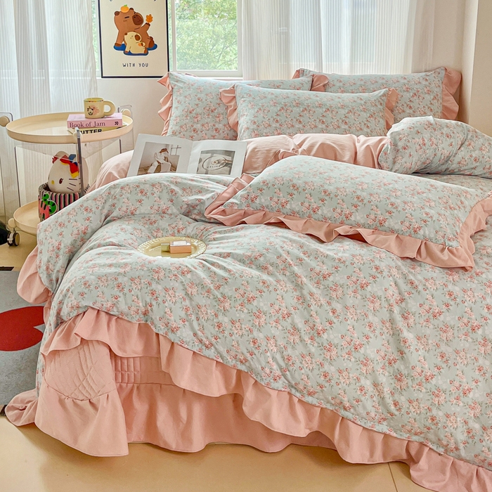 91家纺网 家纺一手货源 找家纺 斯卡诺家纺 2026新款韩版花边古法水洗仿棉床盖四件套花边床单四件套 盛夏花开-韩版花边