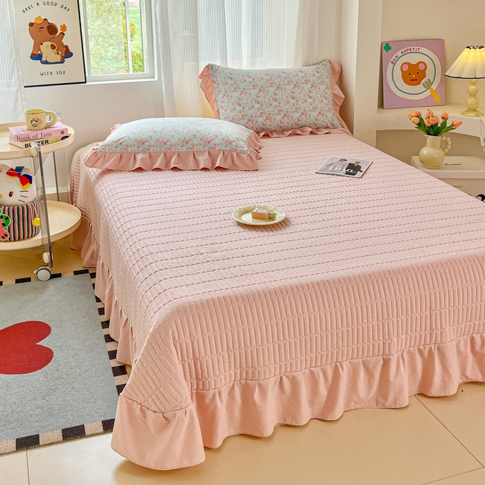 91家纺网 家纺一手货源 找家纺 斯卡诺家纺 2026新款韩版花边古法水洗仿棉床盖四件套花边床单四件套 盛夏花开-韩版花边