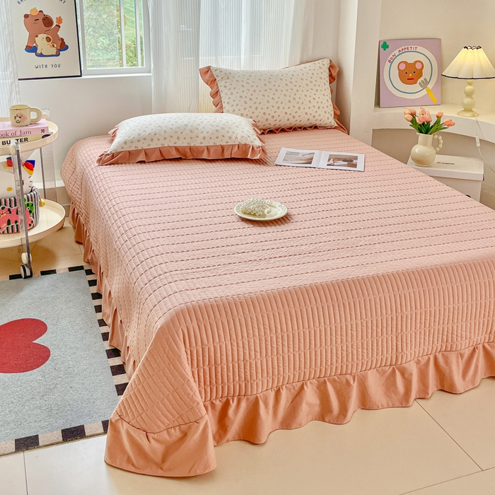 91家纺网 家纺一手货源 找家纺 斯卡诺家纺 2026新款韩版花边古法水洗仿棉床盖四件套花边床单四件套 小夜曲粉-韩版花边