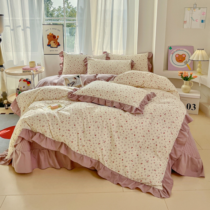 91家纺网 家纺一手货源 找家纺 斯卡诺家纺 2026新款韩版花边古法水洗仿棉床盖四件套花边床单四件套 爱心樱桃-韩版花边