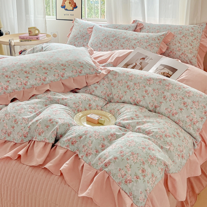 91家纺网 家纺一手货源 找家纺 斯卡诺家纺 2026新款韩版花边古法水洗仿棉床盖四件套花边床单四件套 盛夏花开-韩版花边