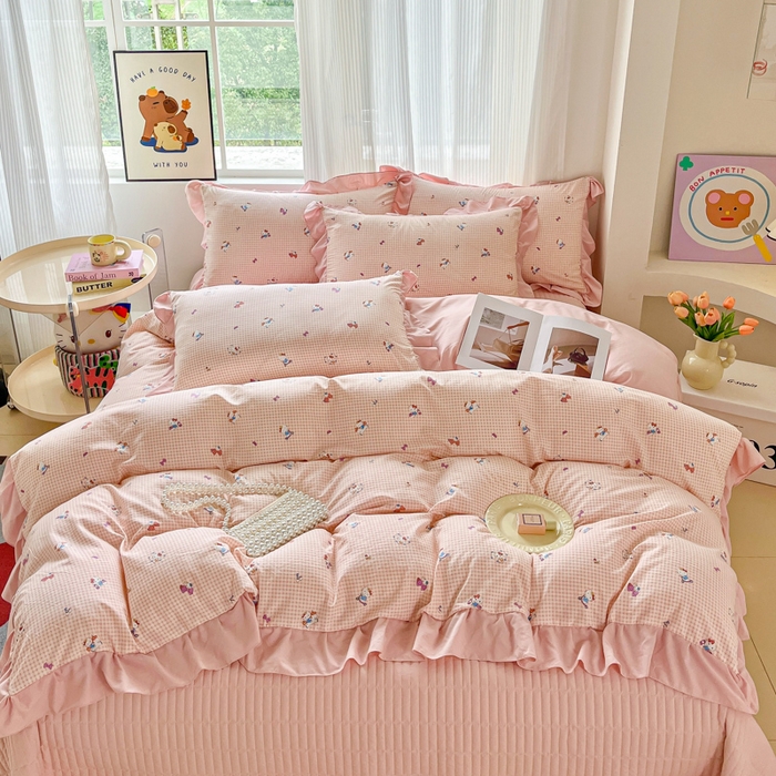 91家纺网 家纺一手货源 找家纺 斯卡诺家纺 2026新款韩版花边古法水洗仿棉床盖四件套花边床单四件套 凯蒂猫-韩版花边