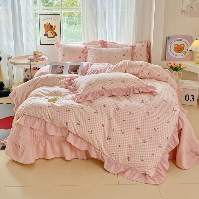 91家纺网 家纺一手货源 找家纺 斯卡诺家纺 2026新款韩版花边古法水洗仿棉床盖四件套花边床单四件套 凯蒂猫-韩版花边