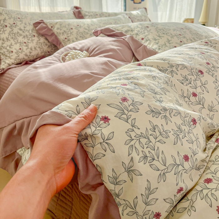 91家纺网 家纺一手货源 找家纺 斯卡诺家纺 2026新款韩版花边古法水洗仿棉床盖四件套花边床单四件套 满园春色-韩版花边