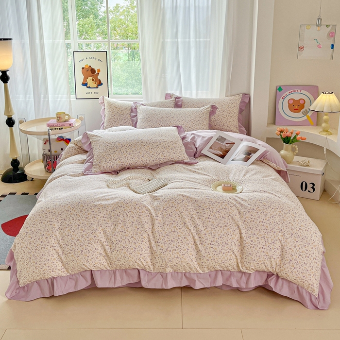 91家纺网 家纺一手货源 找家纺 斯卡诺家纺 2026新款韩版花边古法水洗仿棉床盖四件套花边床单四件套 花千朵-韩版花边