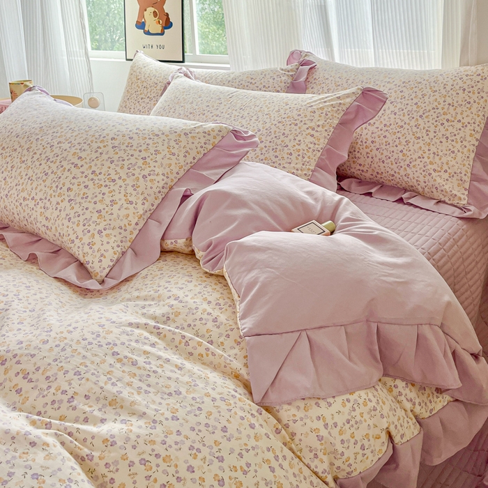 91家纺网 家纺一手货源 找家纺 斯卡诺家纺 2026新款韩版花边古法水洗仿棉床盖四件套花边床单四件套 花千朵-韩版花边