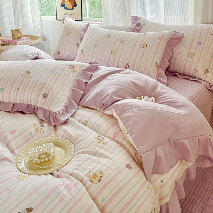 91家纺网 家纺一手货源 找家纺 斯卡诺家纺 2026新款韩版花边古法水洗仿棉床盖四件套花边床单四件套 喵星人-韩版花边