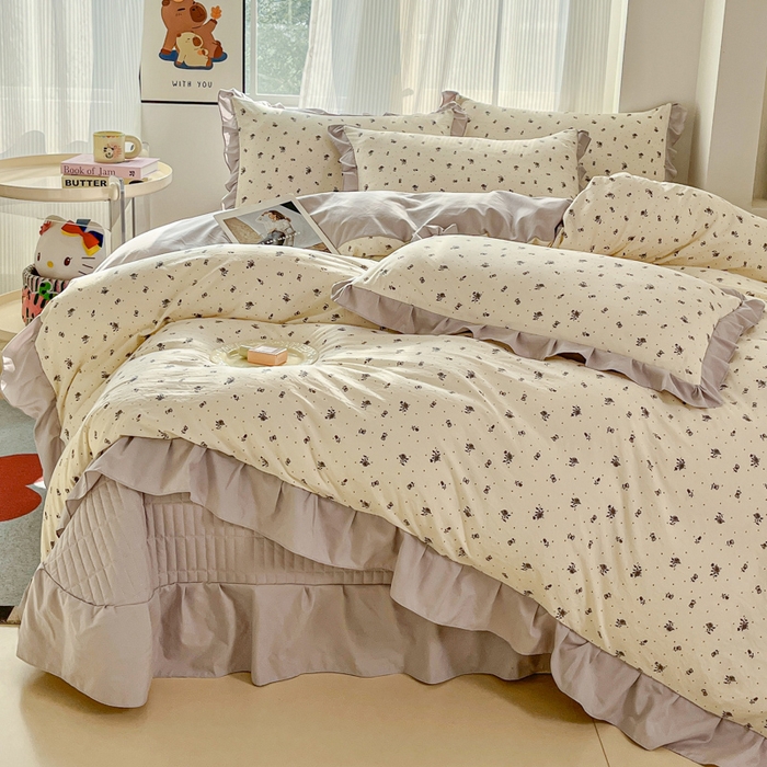 91家纺网 家纺一手货源 找家纺 斯卡诺家纺 2026新款韩版花边古法水洗仿棉床盖四件套花边床单四件套 慕兮-韩版花边