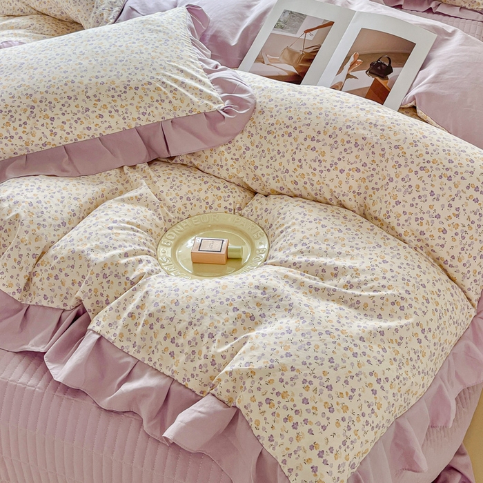 91家纺网 家纺一手货源 找家纺 斯卡诺家纺 2026新款韩版花边古法水洗仿棉床盖四件套花边床单四件套 花千朵-韩版花边