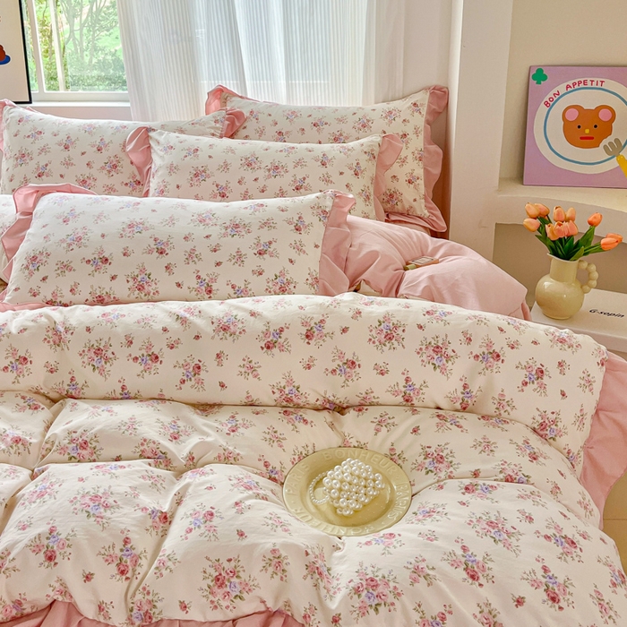 91家纺网 家纺一手货源 找家纺 斯卡诺家纺 2026新款韩版花边古法水洗仿棉床盖四件套花边床单四件套 红粉佳人-韩版花边