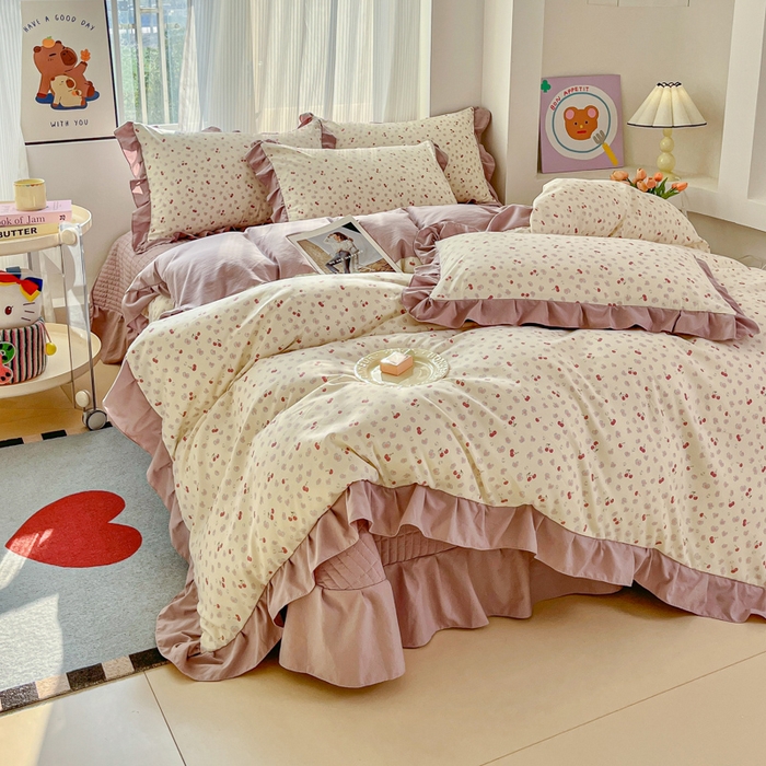 91家纺网 家纺一手货源 找家纺 斯卡诺家纺 2026新款韩版花边古法水洗仿棉床盖四件套花边床单四件套 爱心樱桃-韩版花边