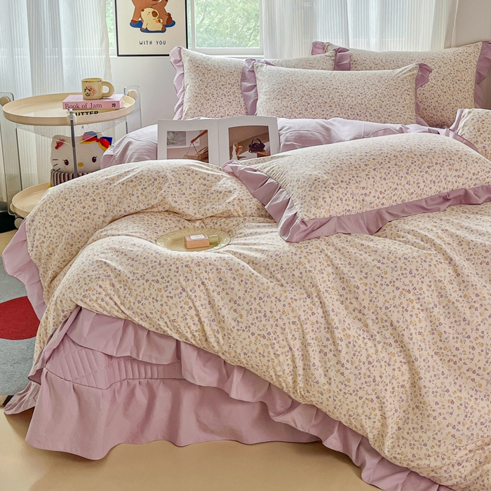 91家纺网 家纺一手货源 找家纺 斯卡诺家纺 2026新款韩版花边古法水洗仿棉床盖四件套花边床单四件套 花千朵-韩版花边