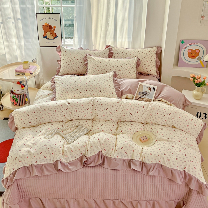 91家纺网 家纺一手货源 找家纺 斯卡诺家纺 2026新款韩版花边古法水洗仿棉床盖四件套花边床单四件套 爱心樱桃-韩版花边