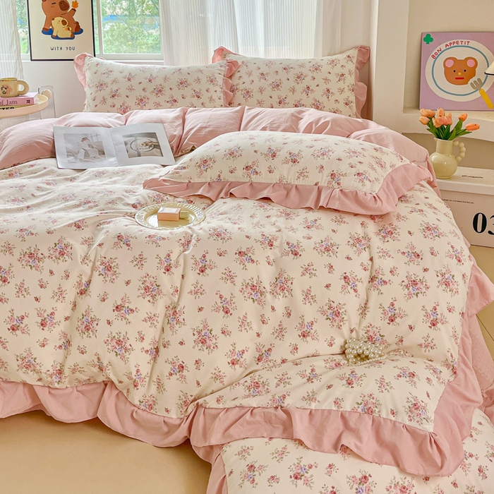 91家纺网 家纺一手货源 找家纺 斯卡诺家纺 2026新款韩版花边古法水洗仿棉床盖四件套花边床单四件套 红粉佳人-韩版花边