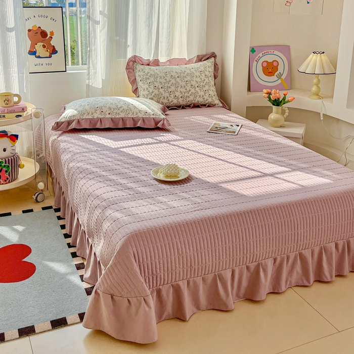 91家纺网 家纺一手货源 找家纺 斯卡诺家纺 2026新款韩版花边古法水洗仿棉床盖四件套花边床单四件套 满园春色-韩版花边