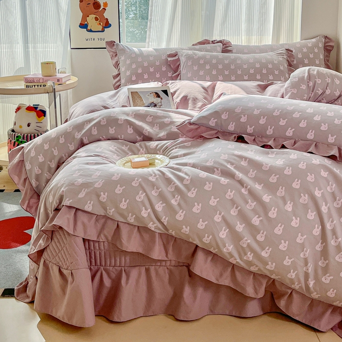 91家纺网 家纺一手货源 找家纺 斯卡诺家纺 2026新款韩版花边古法水洗仿棉床盖四件套花边床单四件套 兔小姐-韩版花边