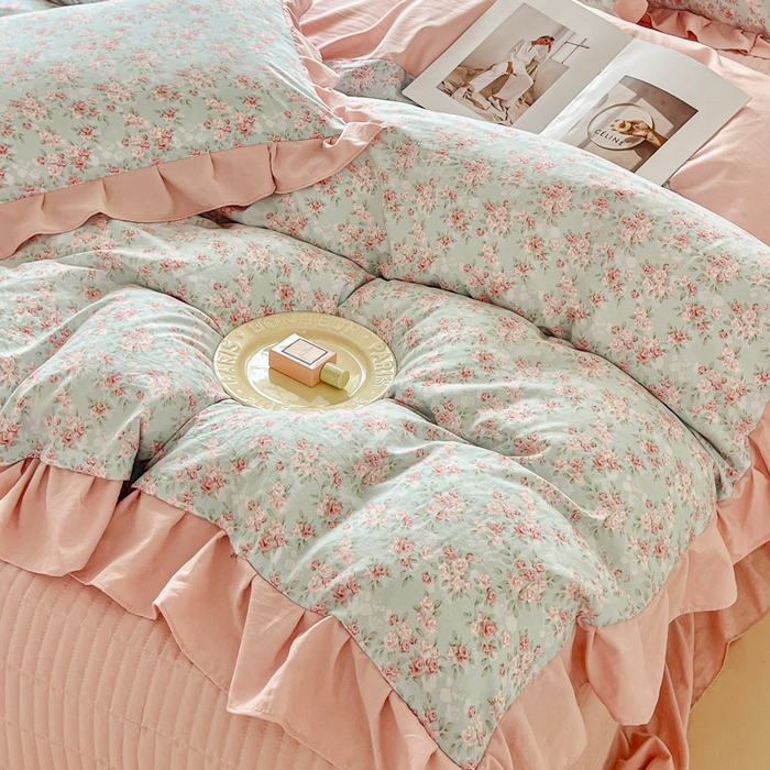 91家纺网 家纺一手货源 找家纺 斯卡诺家纺 2026新款韩版花边古法水洗仿棉床盖四件套花边床单四件套 盛夏花开-韩版花边