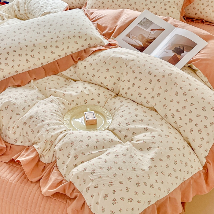 91家纺网 家纺一手货源 找家纺 斯卡诺家纺 2026新款韩版花边古法水洗仿棉床盖四件套花边床单四件套 小夜曲粉-韩版花边