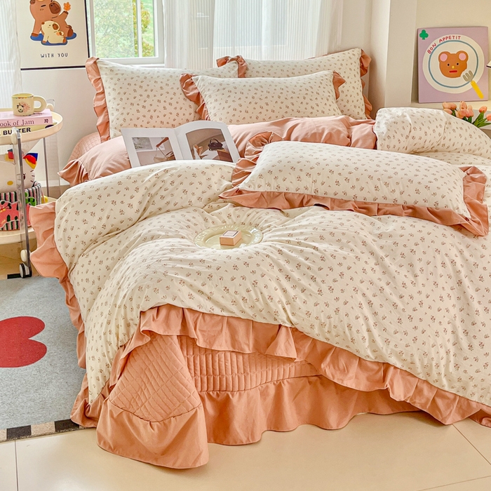 91家纺网 家纺一手货源 找家纺 斯卡诺家纺 2026新款韩版花边古法水洗仿棉床盖四件套花边床单四件套 小夜曲粉-韩版花边