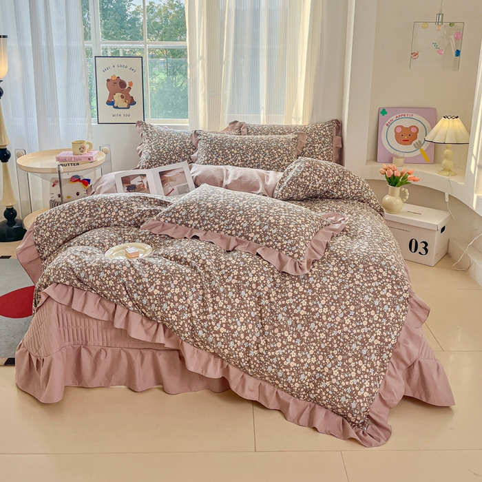 91家纺网 家纺一手货源 找家纺 斯卡诺家纺 2026新款韩版花边古法水洗仿棉床盖四件套花边床单四件套 漫野-韩版花边