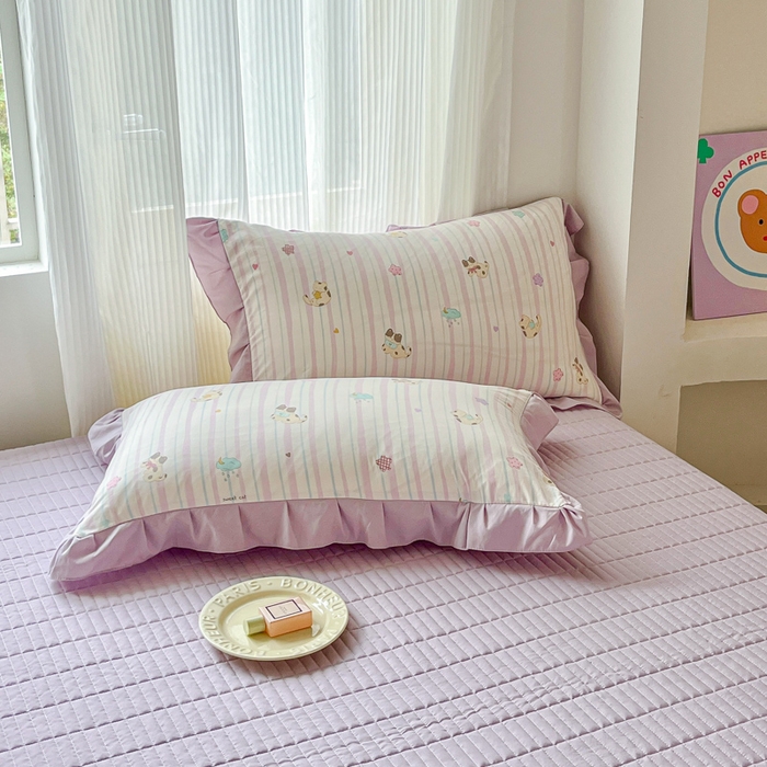 91家纺网 家纺一手货源 找家纺 斯卡诺家纺 2026新款韩版花边古法水洗仿棉床盖四件套花边床单四件套 喵星人-韩版花边