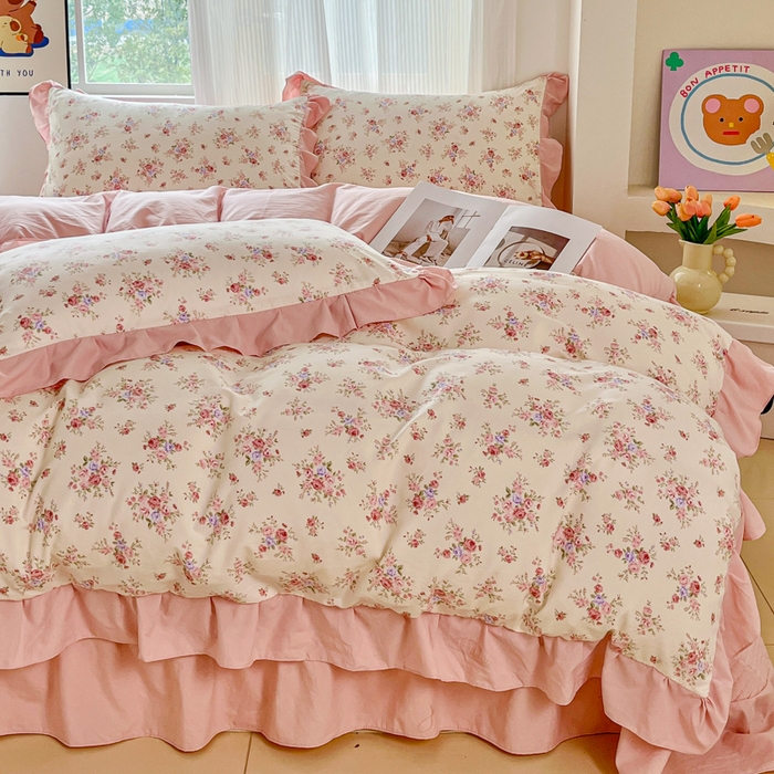 91家纺网 家纺一手货源 找家纺 斯卡诺家纺 2026新款韩版花边古法水洗仿棉床盖四件套花边床单四件套 红粉佳人-韩版花边