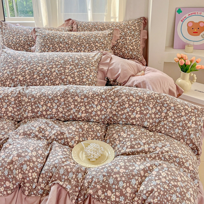 91家纺网 家纺一手货源 找家纺 斯卡诺家纺 2026新款韩版花边古法水洗仿棉床盖四件套花边床单四件套 漫野-韩版花边