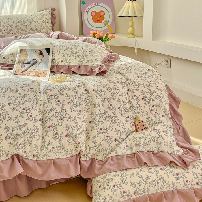 91家纺网 家纺一手货源 找家纺 斯卡诺家纺 2026新款韩版花边古法水洗仿棉床盖四件套花边床单四件套 满园春色-韩版花边