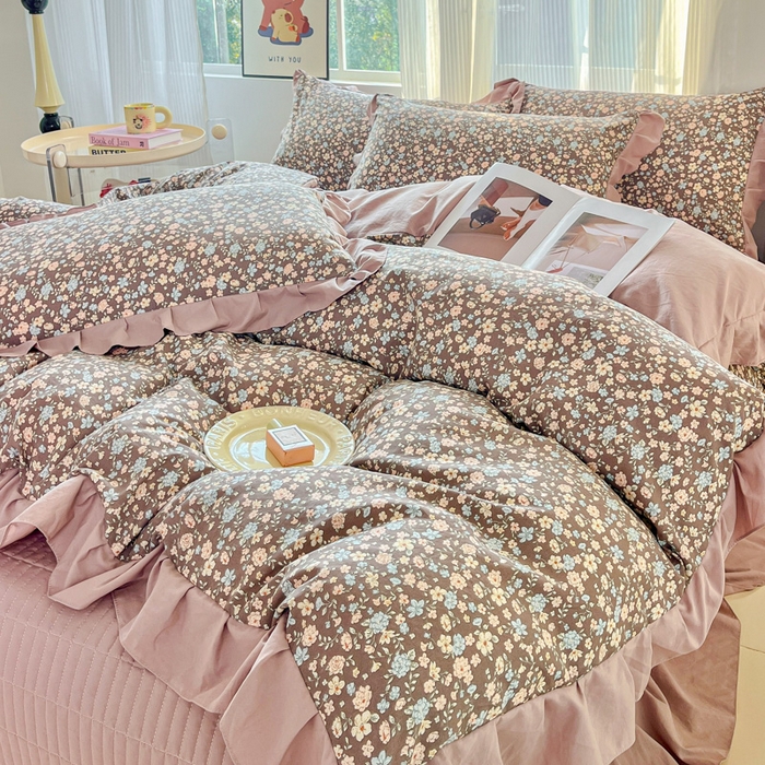 91家纺网 家纺一手货源 找家纺 斯卡诺家纺 2026新款韩版花边古法水洗仿棉床盖四件套花边床单四件套 漫野-韩版花边