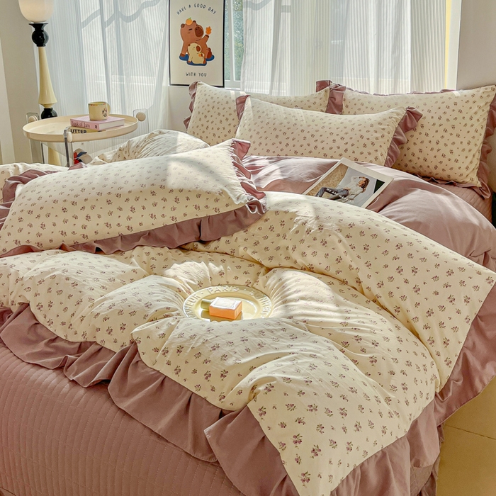 91家纺网 家纺一手货源 找家纺 斯卡诺家纺 2026新款韩版花边古法水洗仿棉床盖四件套花边床单四件套 小夜曲紫-韩版花边