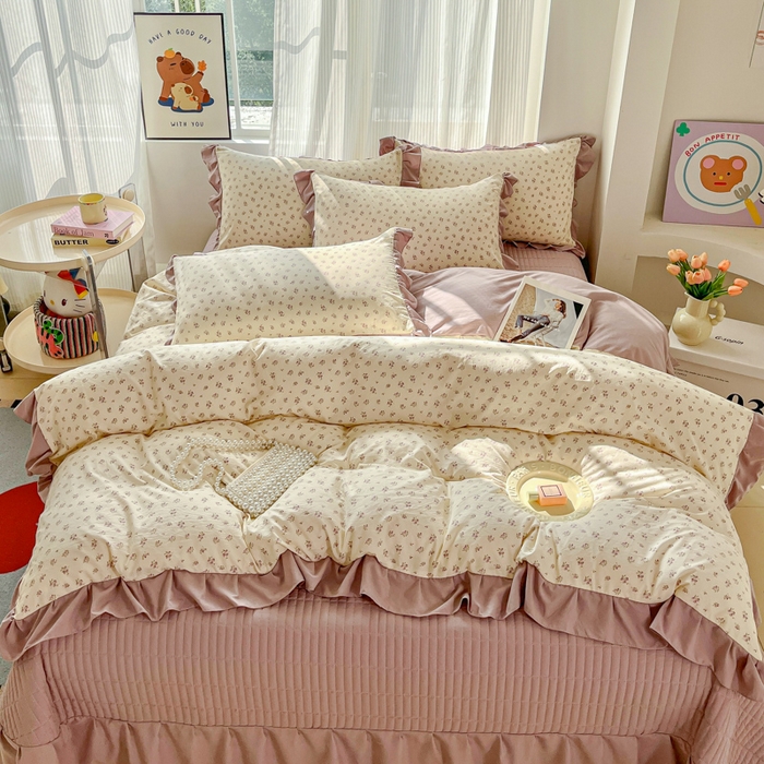 91家纺网 家纺一手货源 找家纺 斯卡诺家纺 2026新款韩版花边古法水洗仿棉床盖四件套花边床单四件套 小夜曲紫-韩版花边