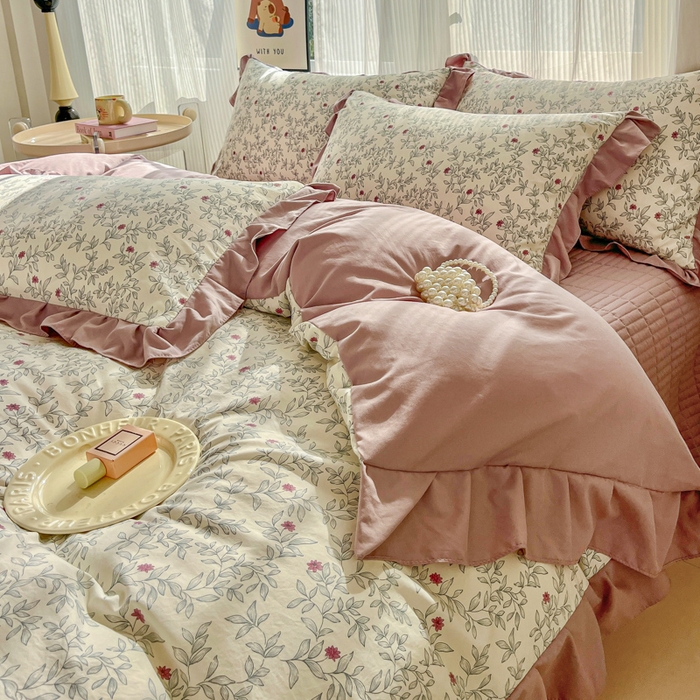 91家纺网 家纺一手货源 找家纺 斯卡诺家纺 2026新款韩版花边古法水洗仿棉床盖四件套花边床单四件套 满园春色-韩版花边